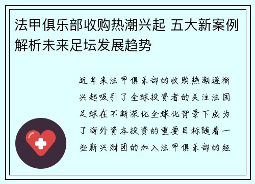 法甲俱乐部收购热潮兴起 五大新案例解析未来足坛发展趋势