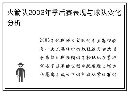 火箭队2003年季后赛表现与球队变化分析